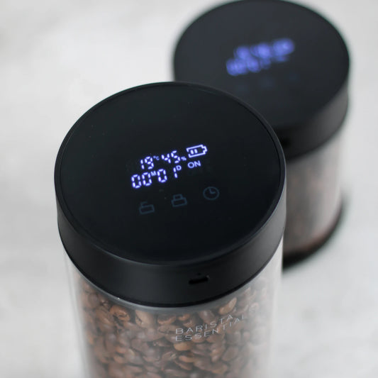 Grote vacuüm koffievoorraadpot van borosilicaatglas – Houdt koffiebonen langer vers en aromatisch.