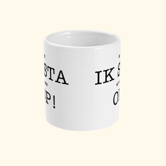 Koffie Mok Met Leuke Koffie Tekst Nee Ik Sta Niet Meer Op. Vooraanzicht.