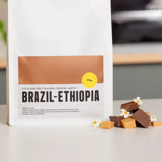 Detail van het etiket van de BraziliΓ«βEthiopiΓ« blend