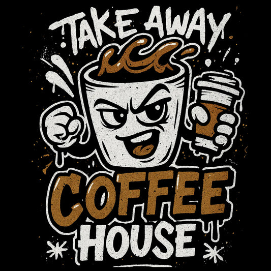 Grungy cartoonprint van boze koffiebeker met take-away cup en de tekst ‘Take Away Coffee House’ – speels en stoer ontwerp voor koffieliefhebbers met pit.