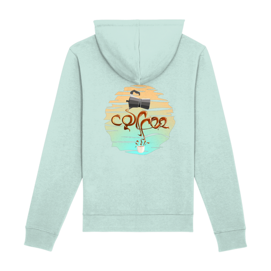 Achterkant van mintgroene Drummer 2.0 hoodie met kleurrijke koffie-art print β perfecte hoodie voor baristaβs en koffieliefhebbers.