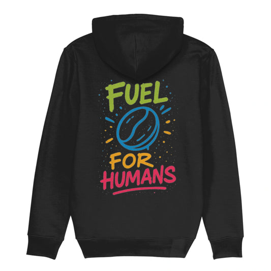 Zwarte hoodie met kleurrijke koffieboon en tekst βFuel For Humansβ β perfect koffiecadeau voor baristaβs en koffieliefhebbers.