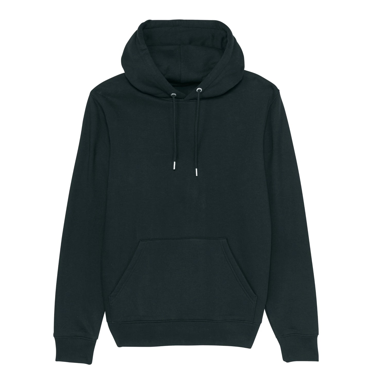 Detail van capuchon en koord van premium zwarte hoodie – uniseks fit voor koffiefans en specialty coffee personeel.