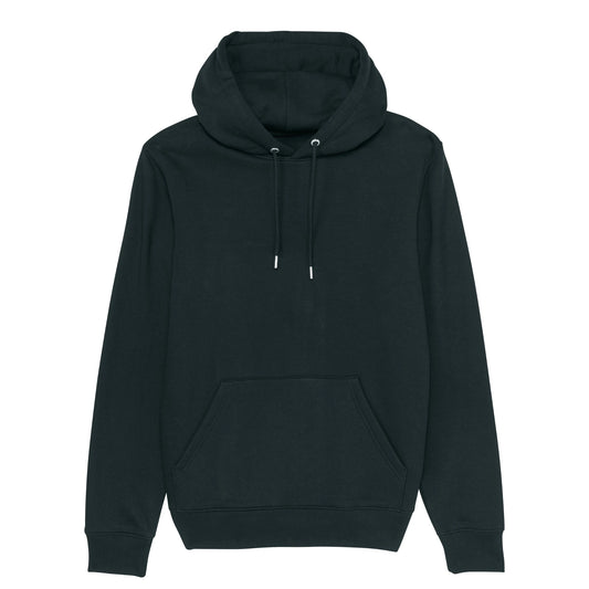 Detail van capuchon en koord van premium zwarte hoodie – uniseks fit voor koffiefans en specialty coffee personeel.