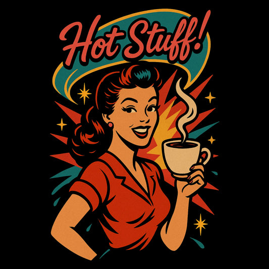 Cartoonachtige pin-up vrouw met koffie en neonachtige ‘Hot Stuff!’ banner in retro kleuren – vintage diner design voor op een duurzame hoodie.