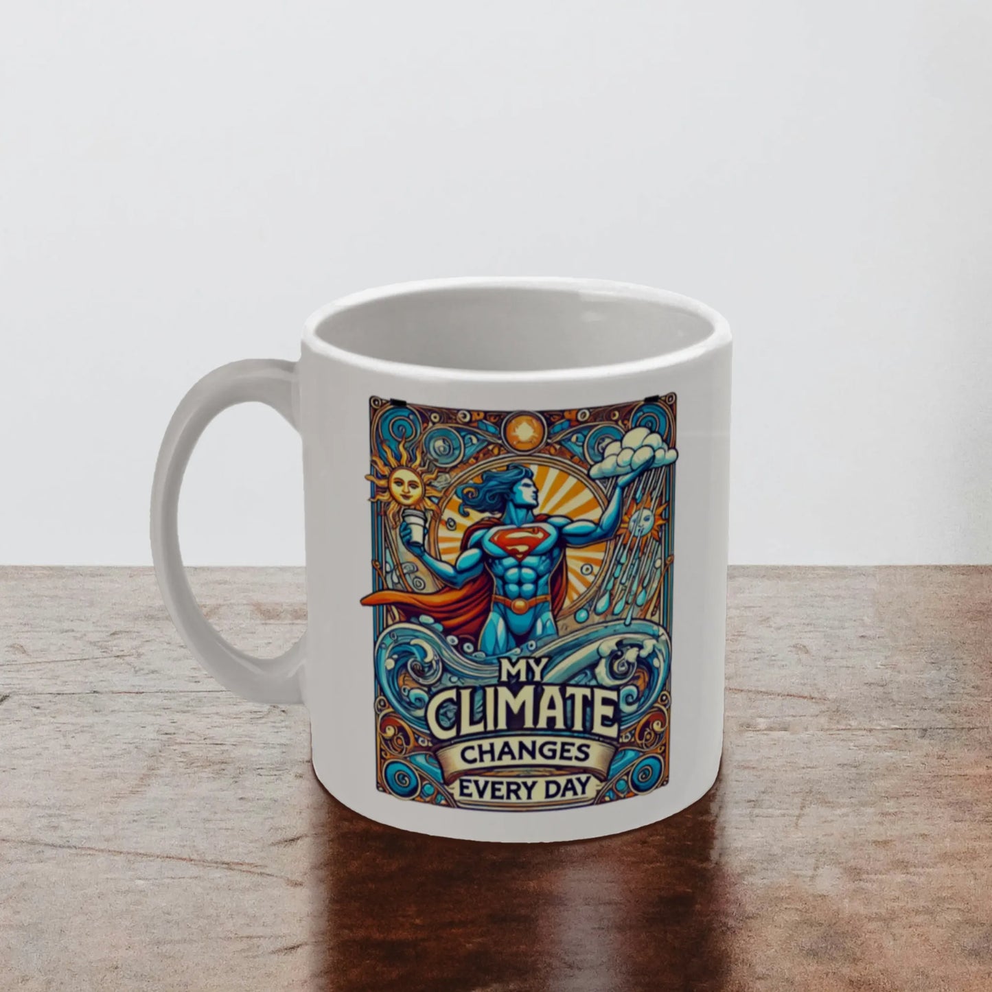 Perfecte koffiemok voor liefhebbers van Art Nouveau en grappige teksten.