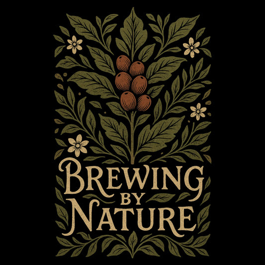 Gedetailleerde botanische illustratie van koffieplant met tekst ‘Brewing by Nature’ in vintage typografie – naturecore design voor duurzame hoodieprint.