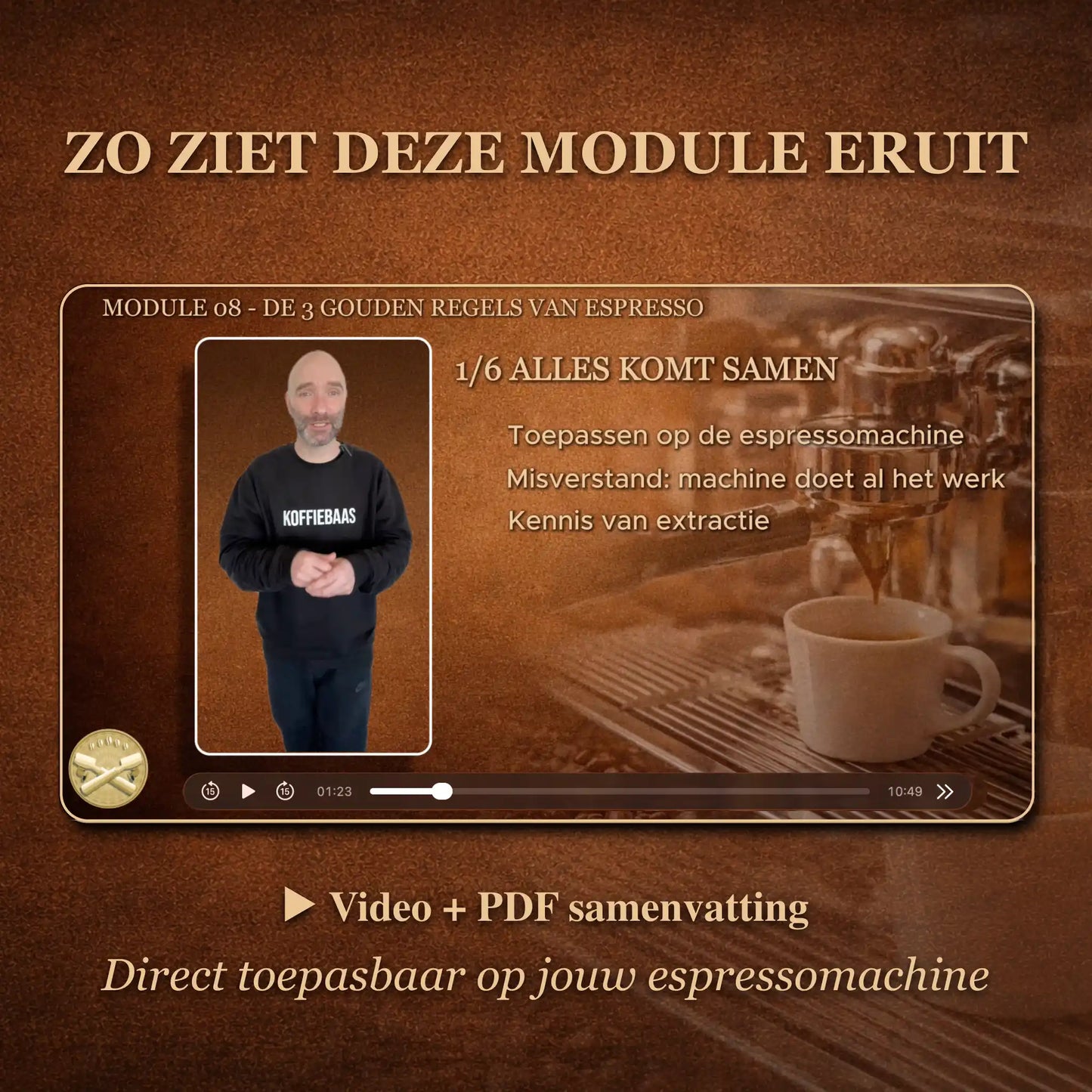 Preview van online barista module over de drie gouden regels van espresso inclusief video en pdf samenvatting