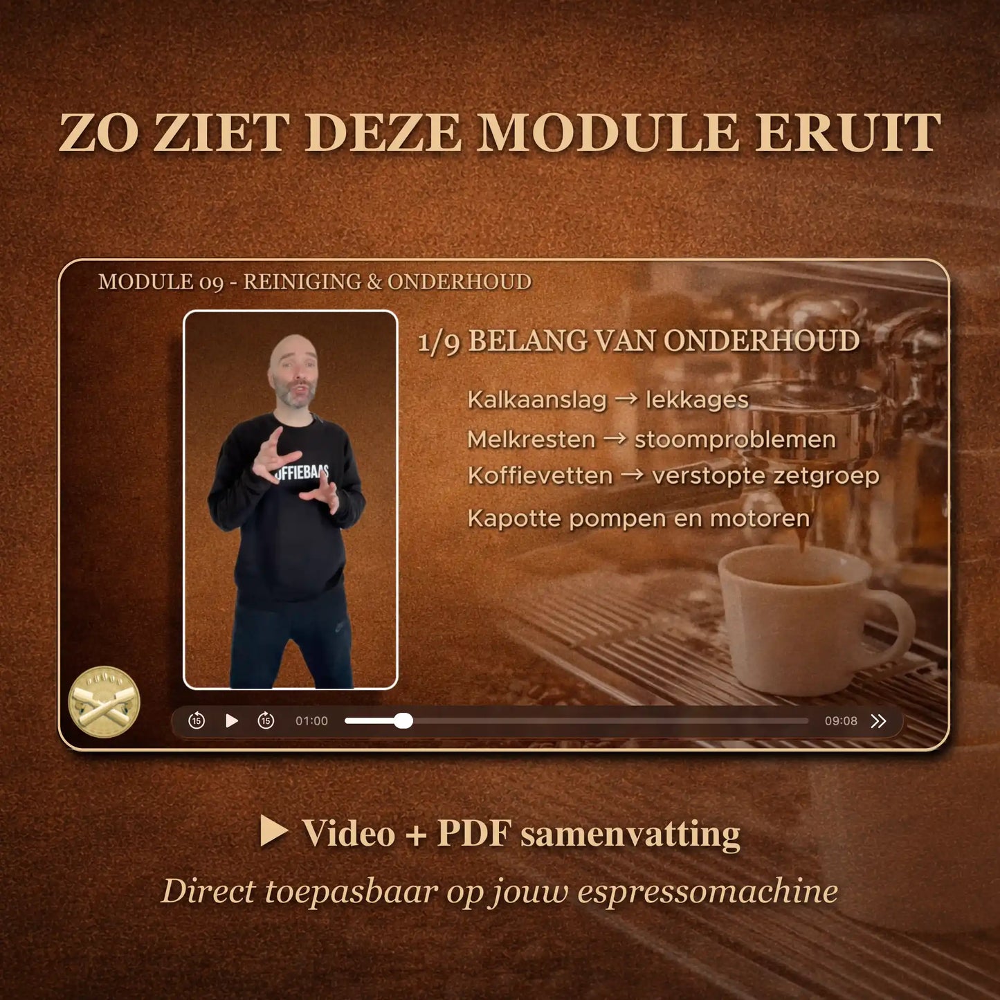 Preview van online barista module over reinigen en onderhouden van espressomachine met video en pdf samenvatting
