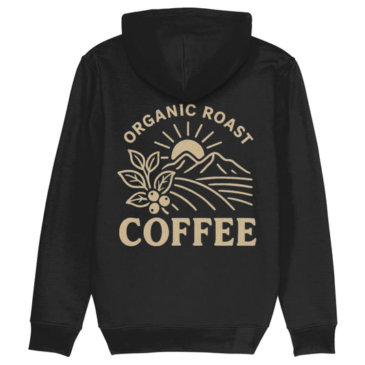 Zwarte hoodie met minimalistisch koffieplant design en tekst βOrganic Roast Coffeeβ β duurzame hoodie van biologisch katoen voor koffieliefhebbers.