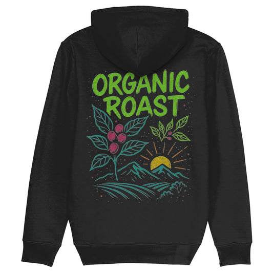 Zwarte hoodie met kleurrijke koffieplant en zonsondergang, Organic Roast design β duurzame hoodie van biologisch katoen voor koffieliefhebbers.