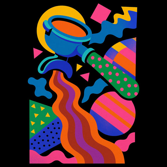 Felle koffie-illustratie met portafilter en abstracte vormen – Memphis geïnspireerd design voor espresso lovers