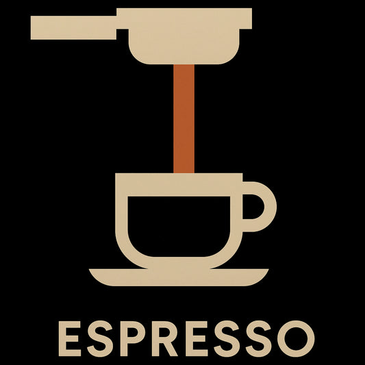 Minimalistische koffieprint van portafilter die espresso laat stromen in kopje – modern design voor barista’s