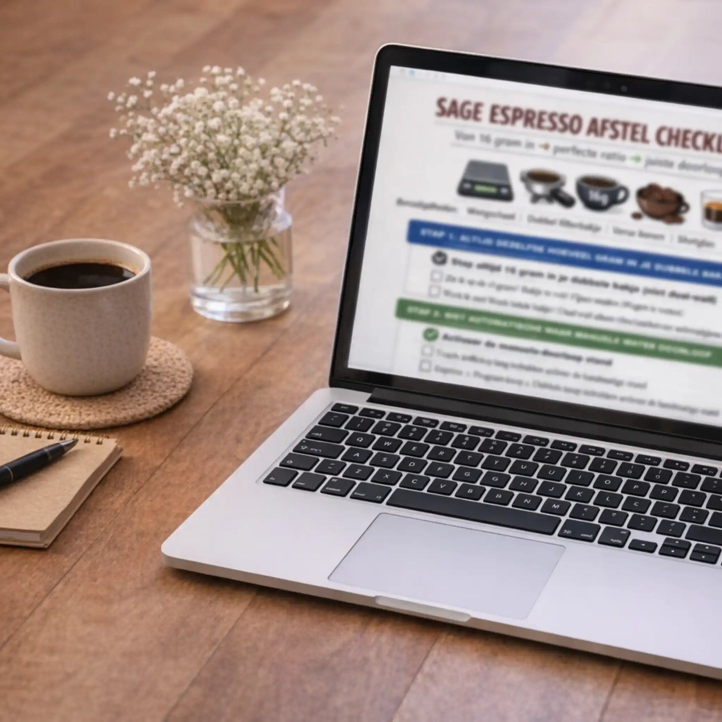 Sage espresso afstellen checklist PDF download weergegeven op laptop scherm voor thuisbarista met halfautomaat