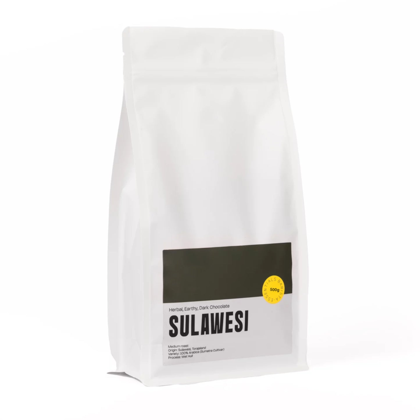 Productfoto van een zakje Sulawesi Indonesië koffiebonen van 500 gram, vers gebrand en rijk van smaak.