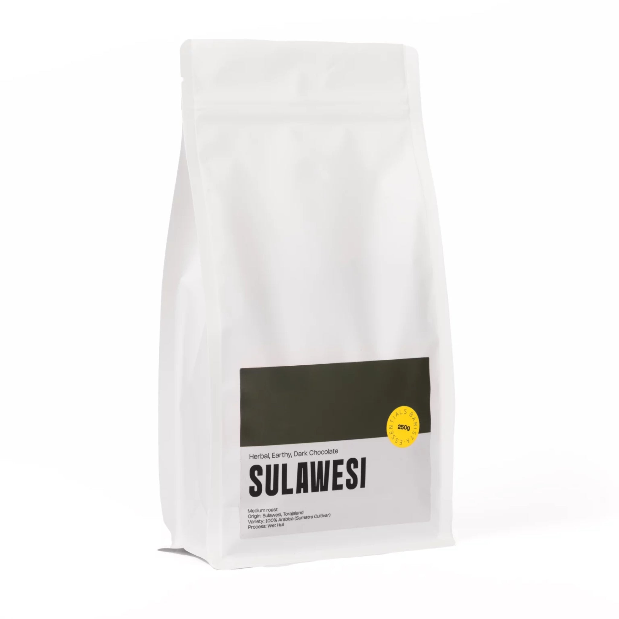Productfoto van een zakje Sulawesi Indonesië koffiebonen van 250 gram, vers gebrand en rijk van smaak.