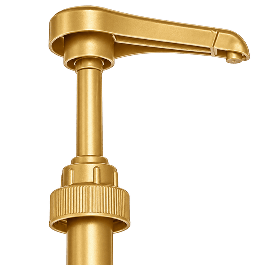 Close up van Torani siroop pomp met gouden coating voor 750ml fles