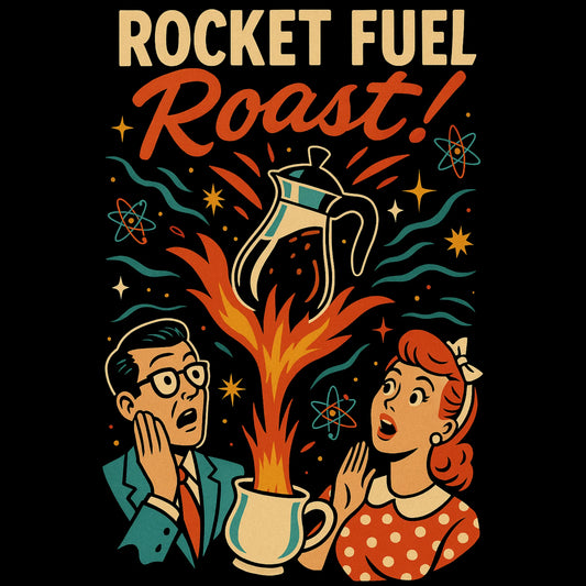 Retro koffieprint met mokkapot als raket, vlammen, verbaasde stripfiguren en ‘Rocket Fuel Roast!’ tekst – in fifties sci-fi comic stijl.