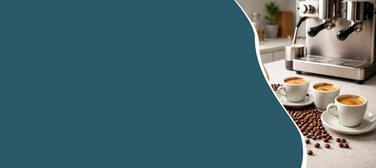 Moderne thuisbarista keuken met espressomachine, drie vers gezette espresso’s met crema en koffiebonen op het aanrecht, sfeerbeeld bij blog over Arabica blend en espresso keuzes