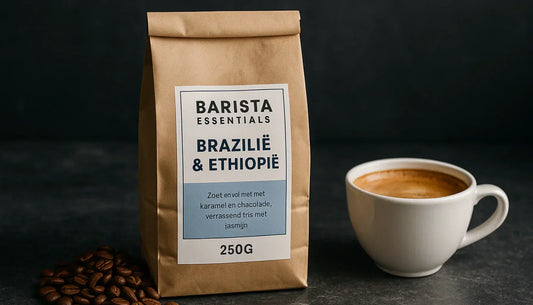 Verpakking van de Brazilië & Ethiopië koffiebonen blend van Barista Essentials.