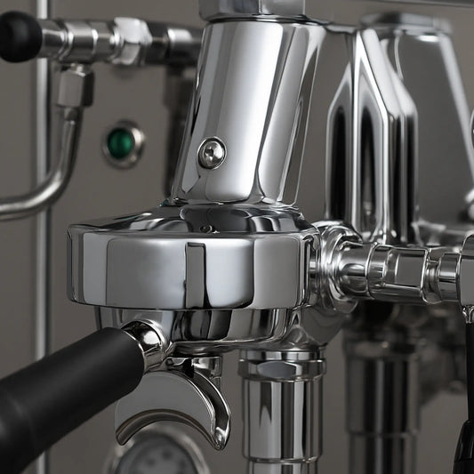 Glanzende E61 zetgroep – een klassiek voorbeeld van hoogwaardige espressotechniek zoals besproken in de blog over E61 groepen en portafiltermaten.