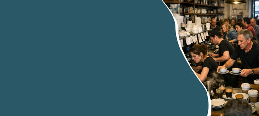 Drukke horeca-espressobar waar barista’s tijdens piekmomenten espresso bereiden, illustrerend waarom een goed afgestelde koffiemolen essentieel is voor consistente smaak en snelheid.