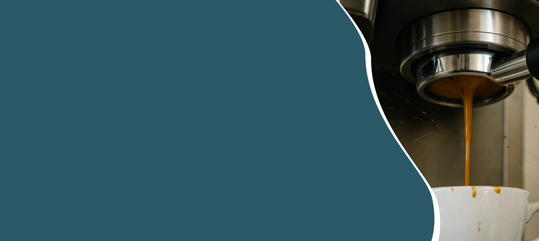 Espresso stroomt uit een naked filterdrager met subtiele spuitende straaltjes, illustratie van channeling en extractieproblemen bij thuisbarista’s.
