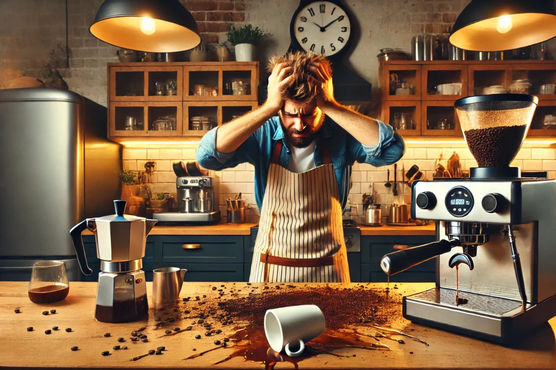 Een gefrustreerde barista in zijn keuken bij een espressomachine op de achtergrond, passend bij de blog 'Tien meest gemaakte fouten bij het zetten van espresso'.