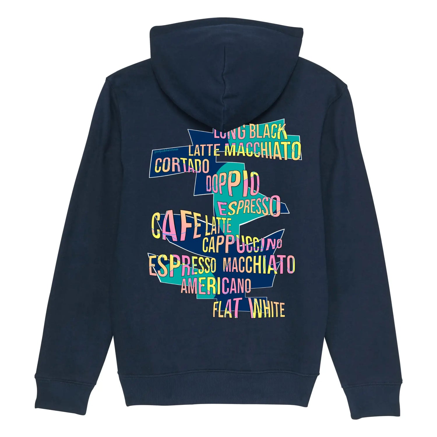 hoodie met koffie tekst quote en afbeelding op de rug.