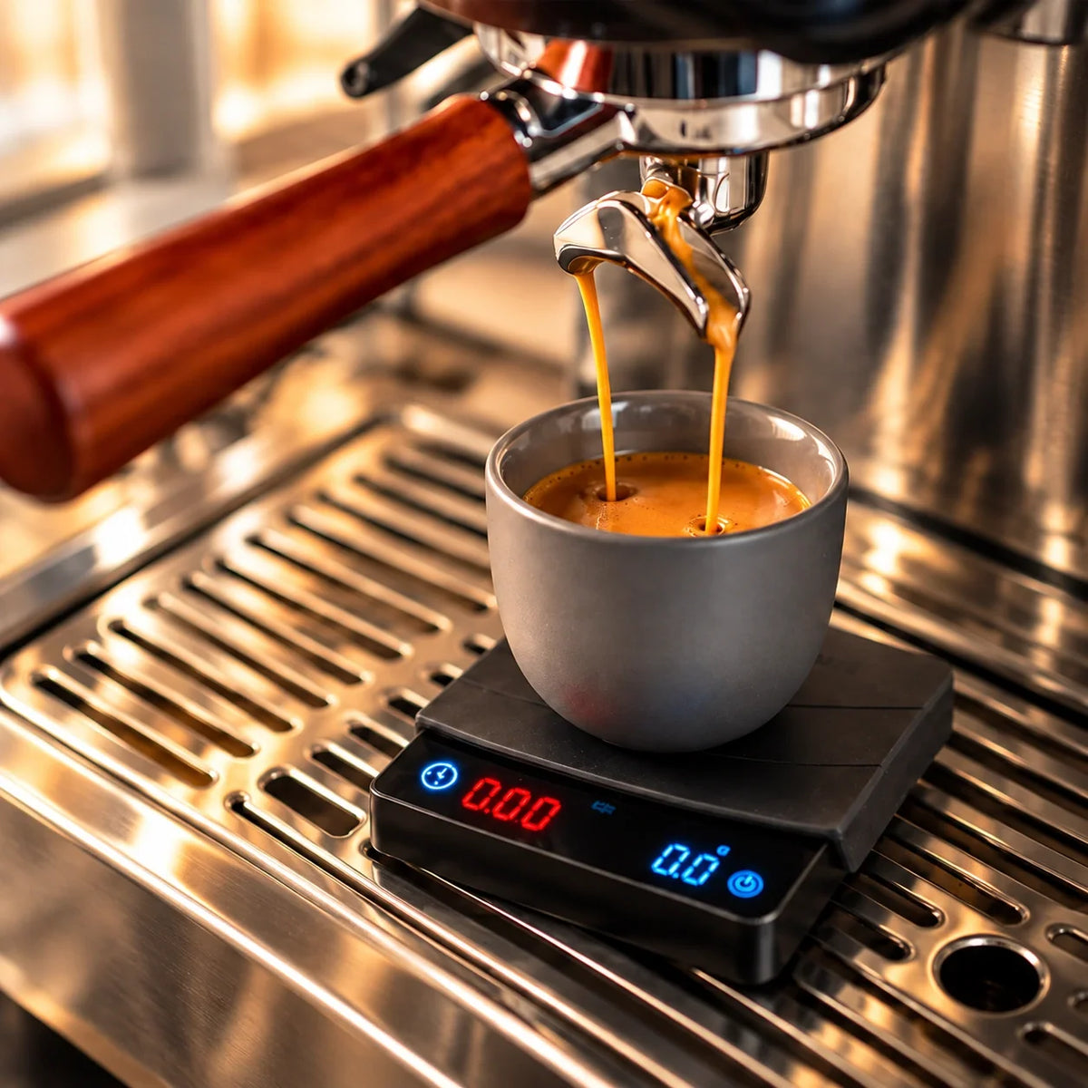 Grijs espressokopje op miniweegschaal onder de filterdrager