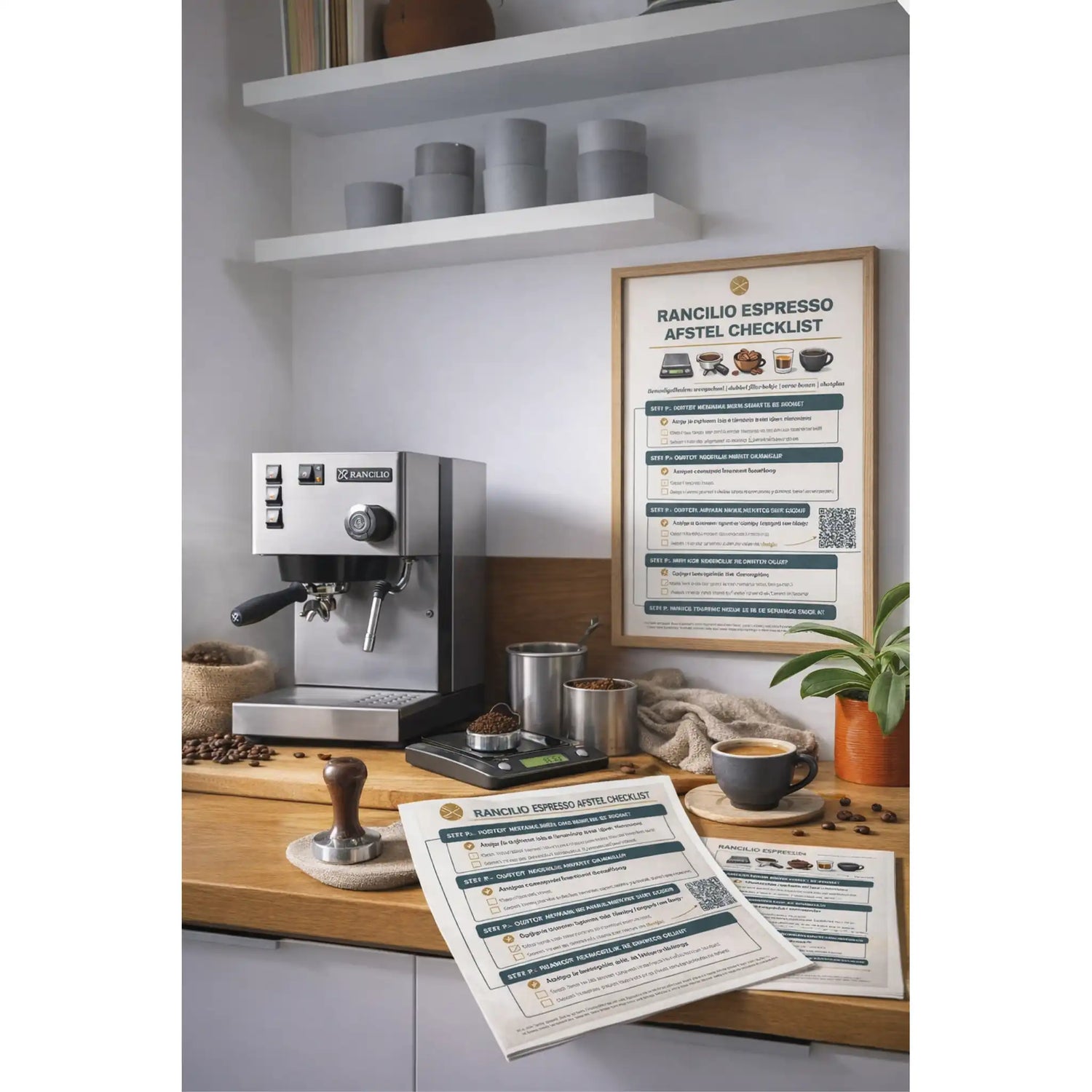 Bundel van 5 espresso PDF checklists voor Sage, Rocket, Rancilio en ECM pistonmachines inclusief afstellen, backflushen, ontkalken en molenreiniging