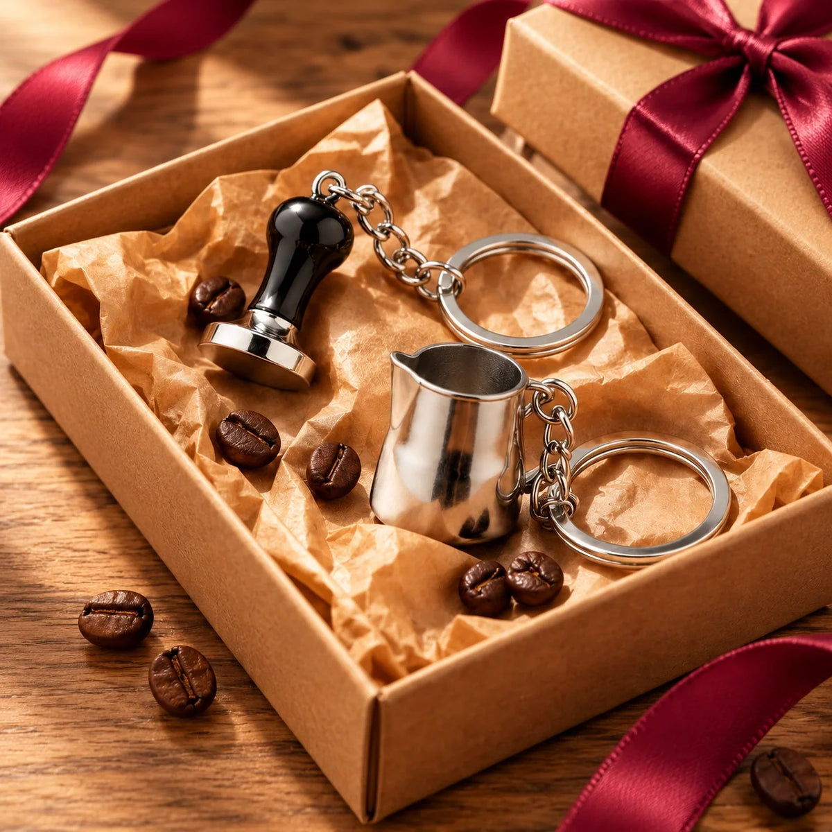 Koffie-sleutelhangers in een cadeaudoos met rood lint