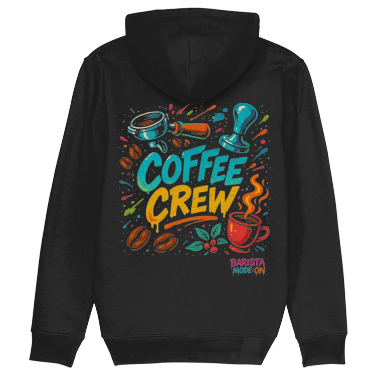Kleurrijke barista hoodie met portafilter-illustratie en Coffee Crew tekst – origineel cadeau voor koffieliefhebbers
