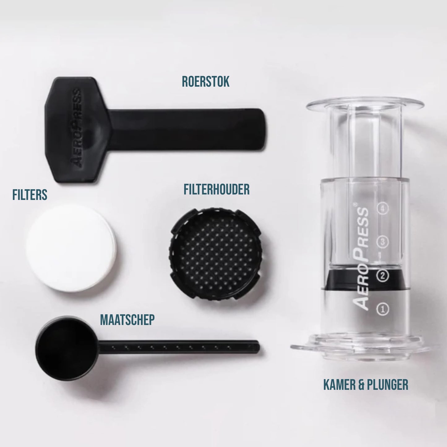 Aeropress cafe maker clear als filter koffie zetmethode. Afbeelding van losse onderdelen.