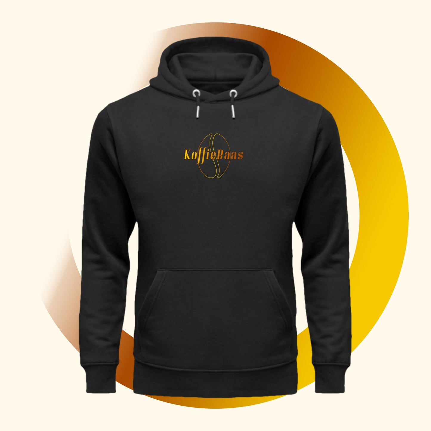 Vooraanzicht van een zwarte Koffie Hoodie met het ontwerp van een koffieboon en de tekst KoffieBaas op de borst.