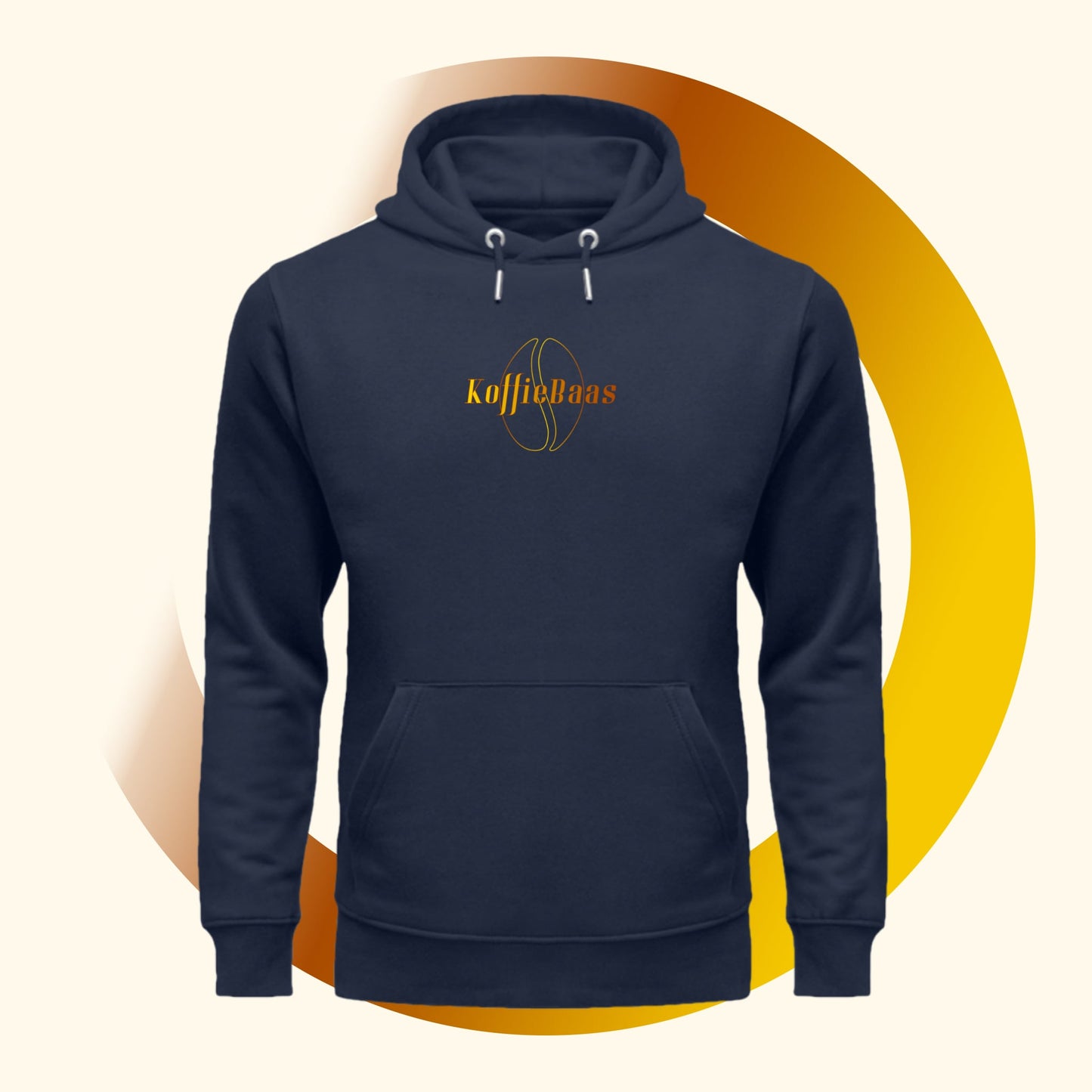 Vooraanzicht van een blauwe Koffie Hoodie met het ontwerp van een koffieboon en de tekst KoffieBaas op de borst.