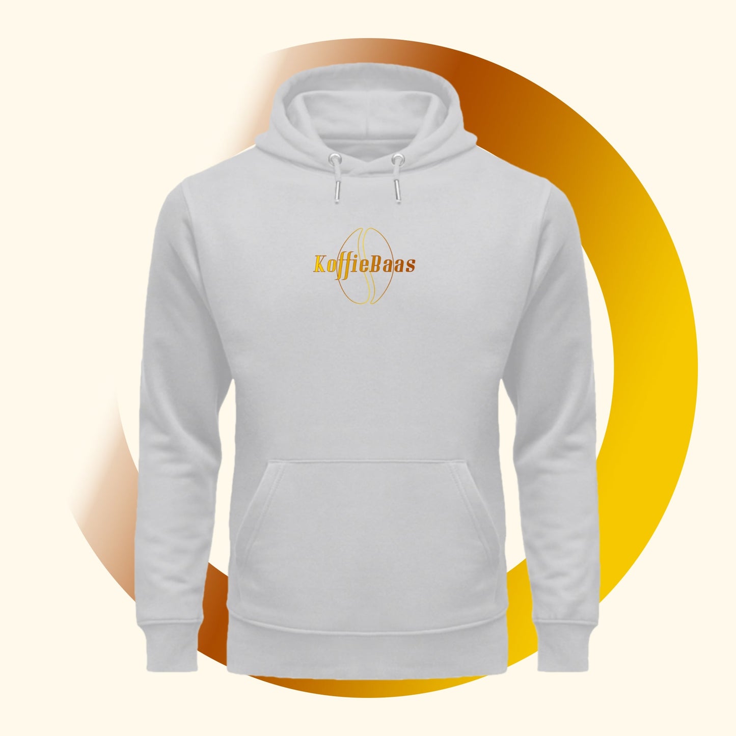 Vooraanzicht van een grijze Koffie Hoodie met het ontwerp van een koffieboon en de tekst KoffieBaas op de borst.