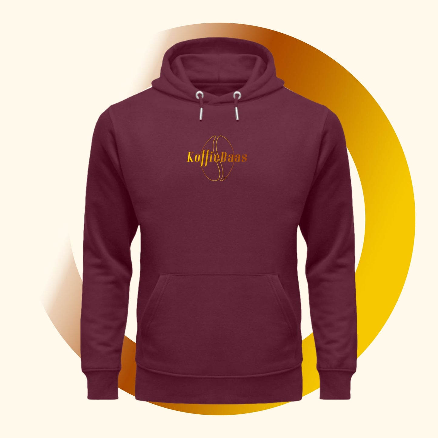 Vooraanzicht van een rode Koffie Hoodie met het ontwerp van een koffieboon en de tekst KoffieBaas op de borst.