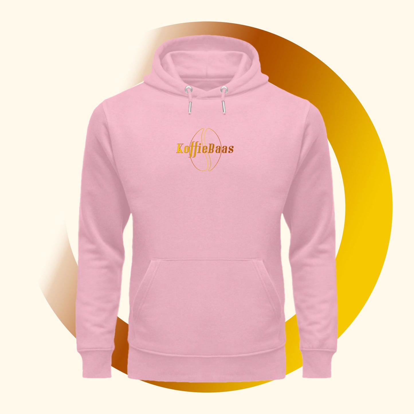 Vooraanzicht van een roze Koffie Hoodie met het ontwerp van een koffieboon en de tekst KoffieBaas op de borst.