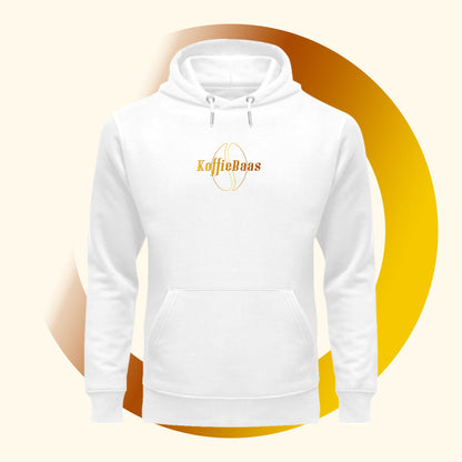 Vooraanzicht van een witte Koffie Hoodie met het ontwerp van een koffieboon en de tekst KoffieBaas op de borst.