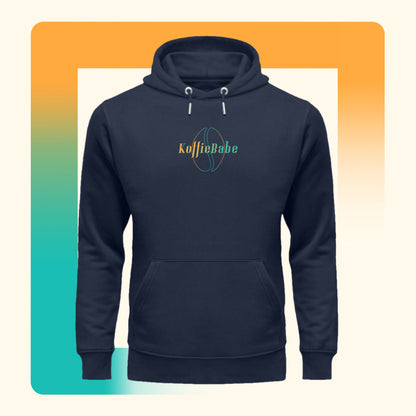 Koffie Babe Hoodie Unisex Organic Blauw. Productafbeelding vooraanzicht.