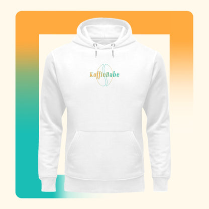 Koffie Babe Hoodie Unisex Organic wit. Productafbeelding vooraanzicht.