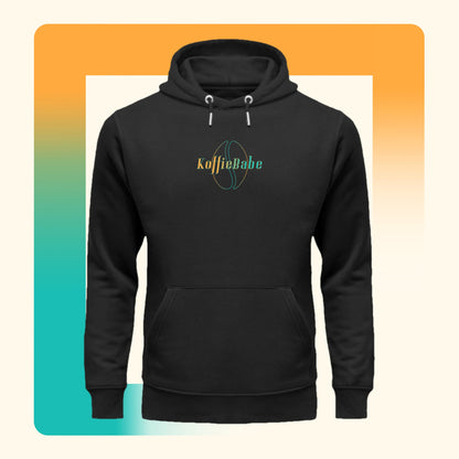 Koffie Babe Hoodie Unisex Organic zwart. Productafbeelding vooraanzicht.