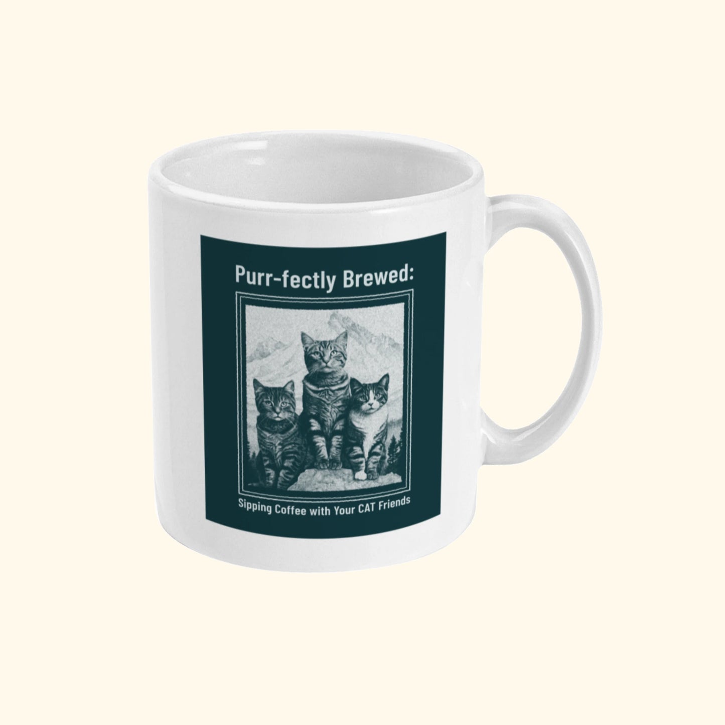 Koffie mok met drie kittens afbeelding en tekst Purr-fectly Brewed Sipping Coffee With Your Cat Friends van deBaristahsop en Geertjandebaristaman. Productafbeelding rechterkant.