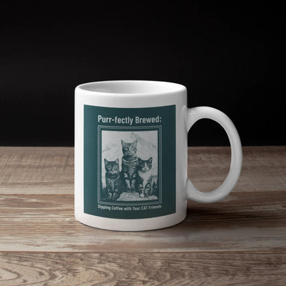 Koffie mok met drie kittens afbeelding en tekst Purr-fectly Brewed Sipping Coffee With Your Cat Friends van deBaristahsop en Geertjandebaristaman. Sfeerbeeld met product..