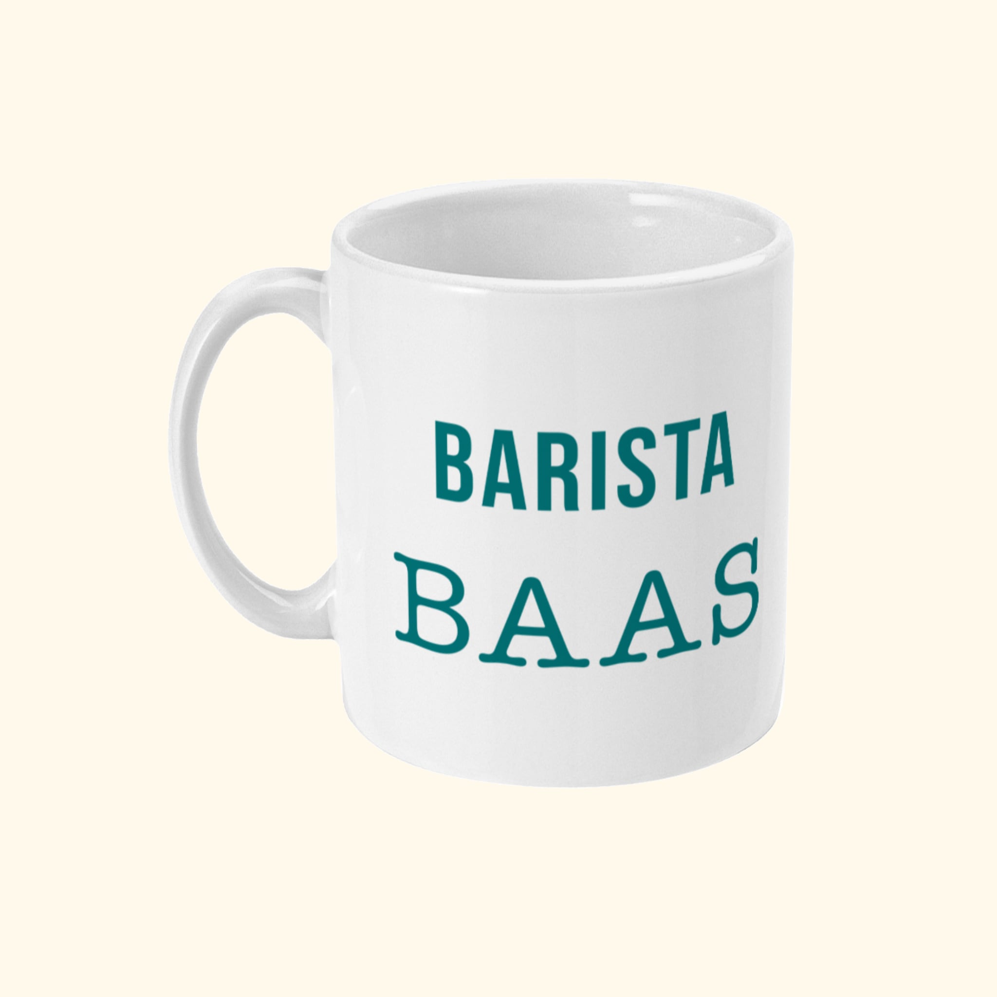 Koffie Mok Met Leuke Tekst Barista Baas. Zijnaanzicht.