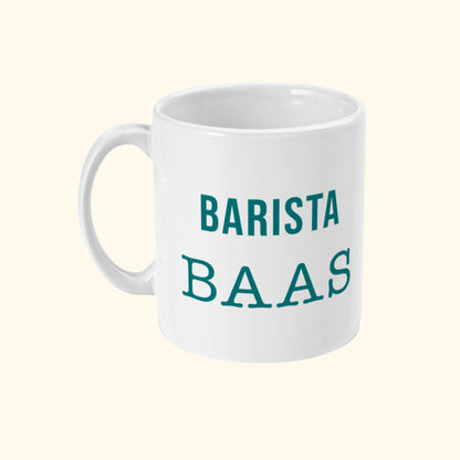 Koffie Mok Met Leuke Tekst Barista Baas. Zijnaanzicht.