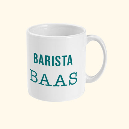 Koffie Mok Met Leuke Tekst Barista Baas. Zijaanzicht.