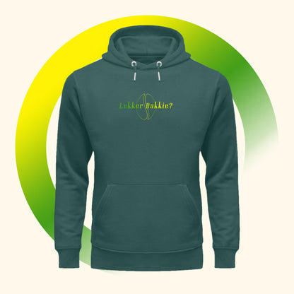 Vooraanzicht van een groene Koffie Hoodie met de Koffie Print Lekker Bakkie.