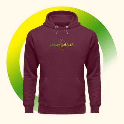 Vooraanzicht van een rode Koffie Hoodie met de Koffie Print Lekker Bakkie.